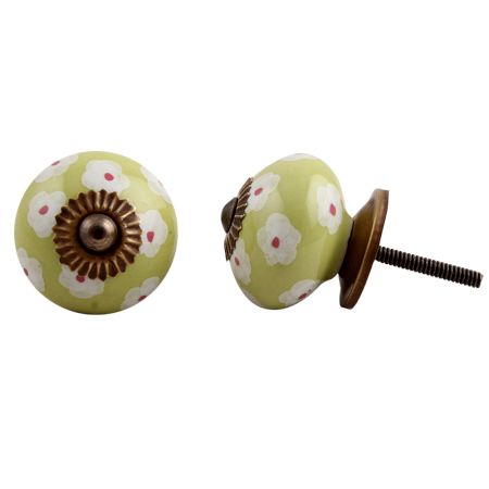 Lime White Flower Floral Dresser Knob